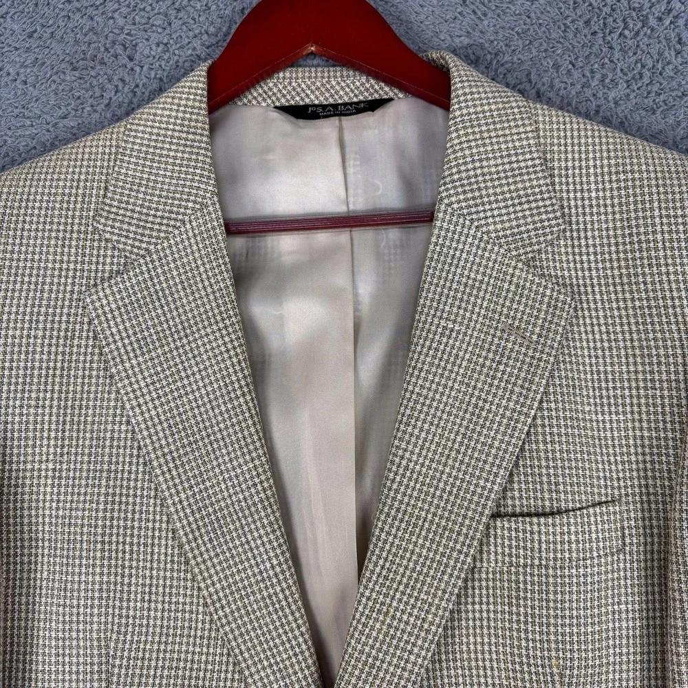 Jos A Bank Blazer Mens 42 Long Tan Tweed Check 100%‎ Silk Sport Coat Jacket Work